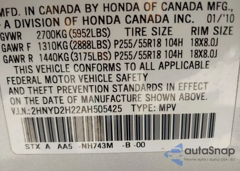 2010 Acura Mdx from USA, damaged, VIN 2HNYD2H22AH505425